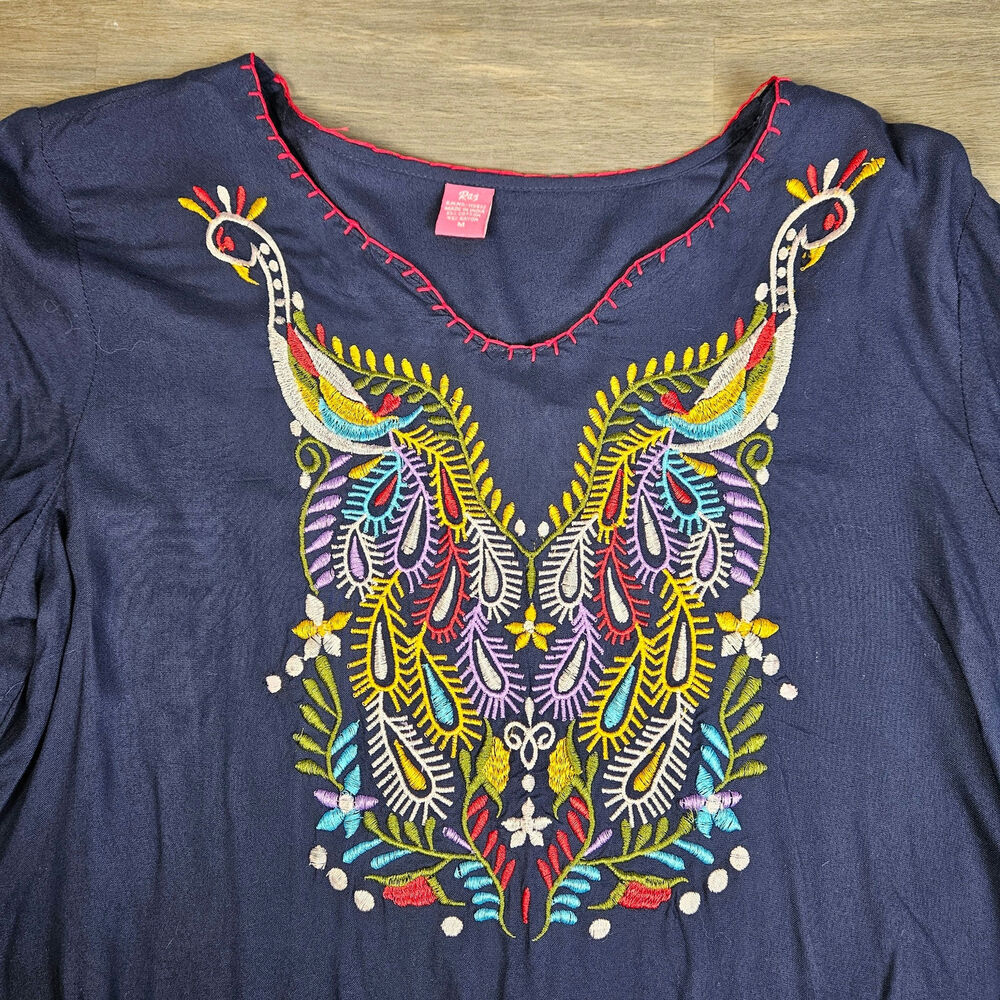 RAJ Embroidered Tunic Blouse Shirt Women's‎ Medium Navy Peacock Lightweight Boho